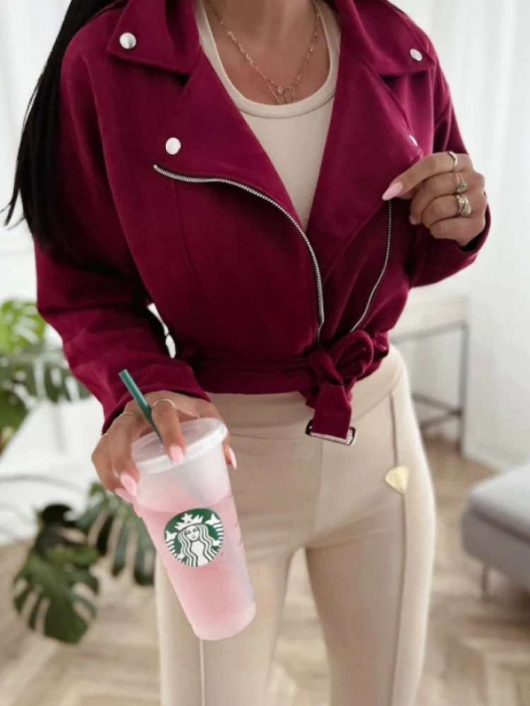 Autumn and Winter New Women's Long-sleeved Lapel Long Sleeved Tie-up Jacket Street Casual Solid Color Zipper Cardigan Short Coat