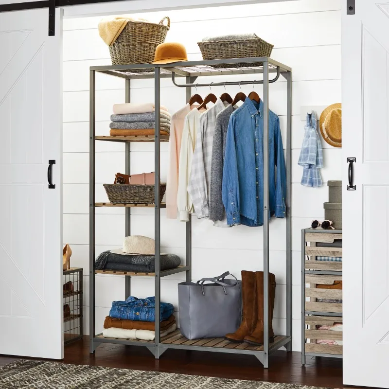 

Farmhouse Gray Wood and Metal Garment Rack