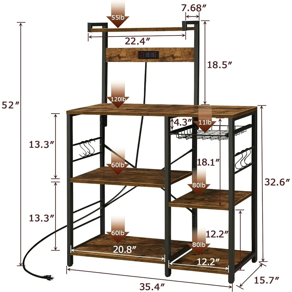 SUPERJARE Bakers Rack with Power Outlets, 65H Coffee Bar, 5-Tier Microwave  Stand with Storage, Coffee Station, Kitchen Rack with 6 S-Hooks, Kitchen