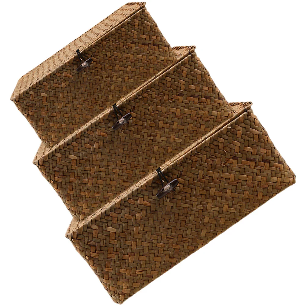 

Woven Basket Lid Seagrass Storage Baskets Rectangular Rattan Box Stackable Storage Boxes Makeup