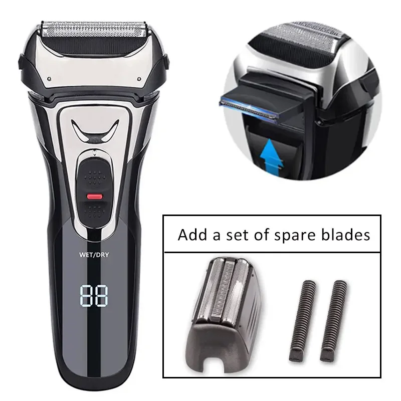 USB-wiederaufladbarer elektrischer Rasierer aus Edelstahl für Herren mit 3D-Dreifachklingen-Technologie und Trimmerfunktion_voghion.com