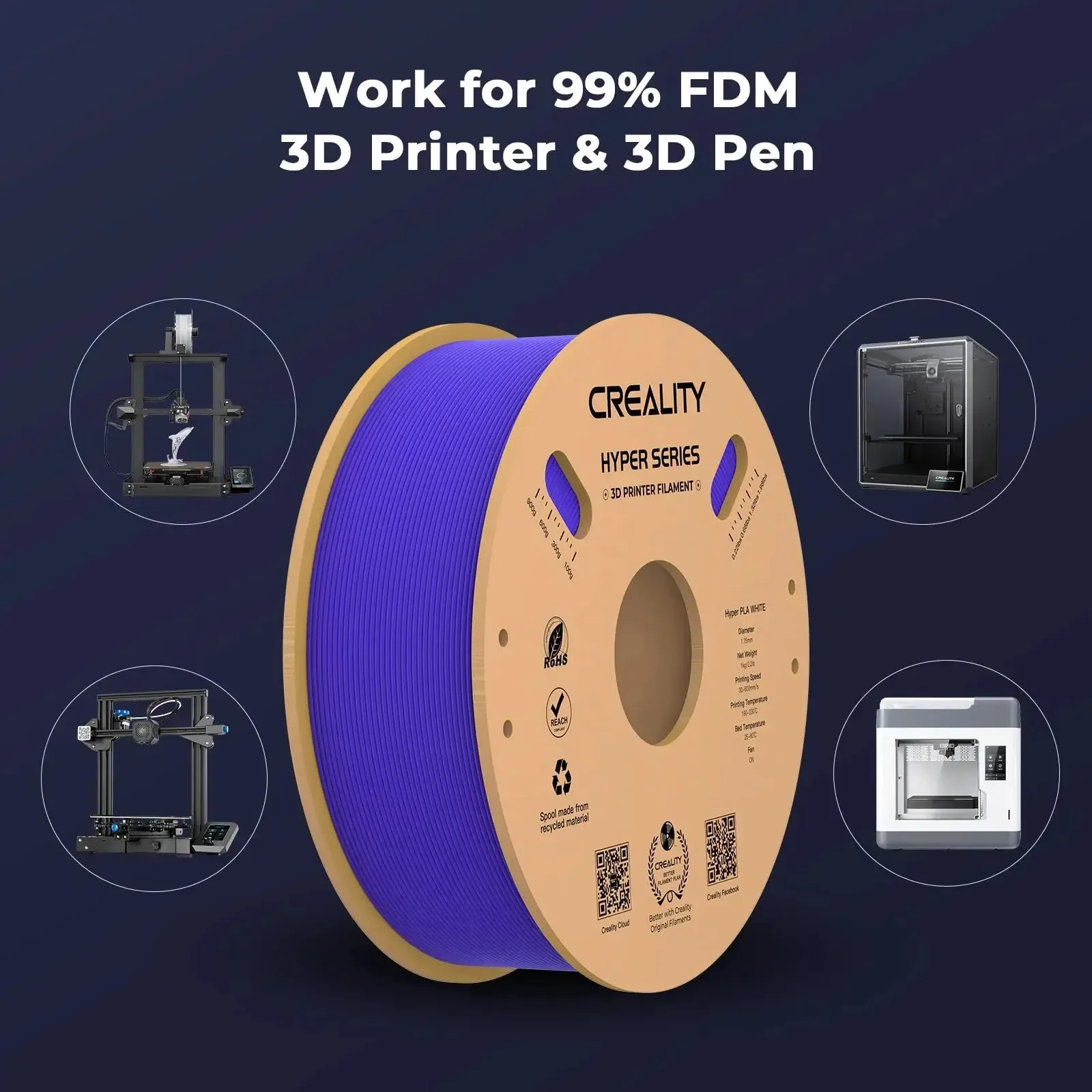 Creality 하이퍼 PLA 필라멘트, FDM 3D 프린터용 안정적인 압출 스풀, 높은 유동성, 고속 3D 인쇄 재료, 1.75mm, 1kg