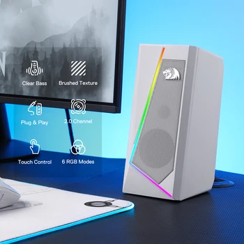 Redragon GS520 RGB Desktop Speakers, 2.0 Channel PC Stereo Speaker with 6 Colorful LED Modes, Enhanced Sound, White/Pink 2