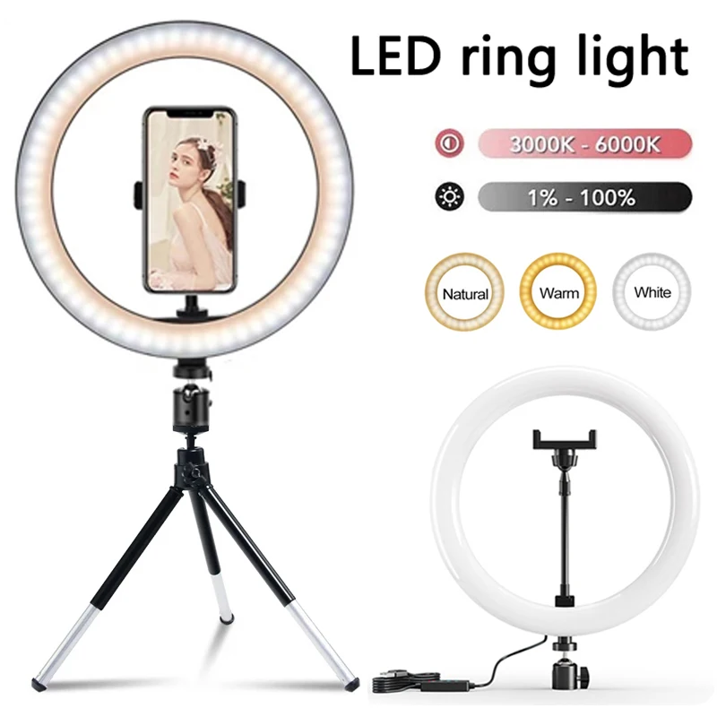 사진 스튜디오용 LED 링 라이트, 삼각대 스탠드, USB 충전, 셀카 LED 램프, 조도 조절 사진 조명, 10 인치, 33cm