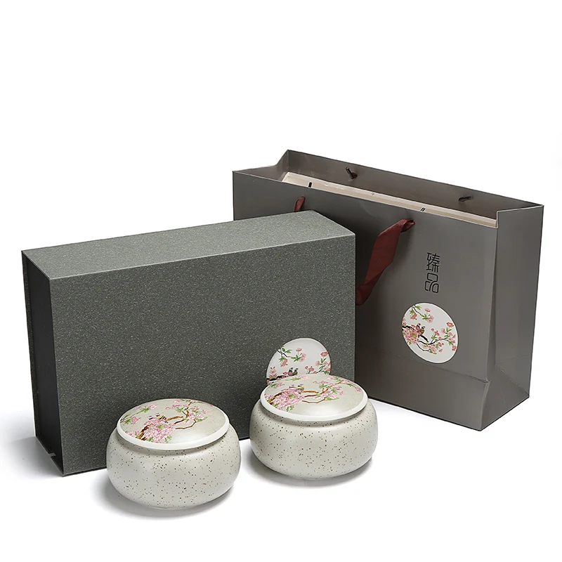 

Tea Jar Sealed Ceramic Hand-Painted Illustration Moisture-Proof Double Cans Empty Gift Box Universal Custom New Chinese Style