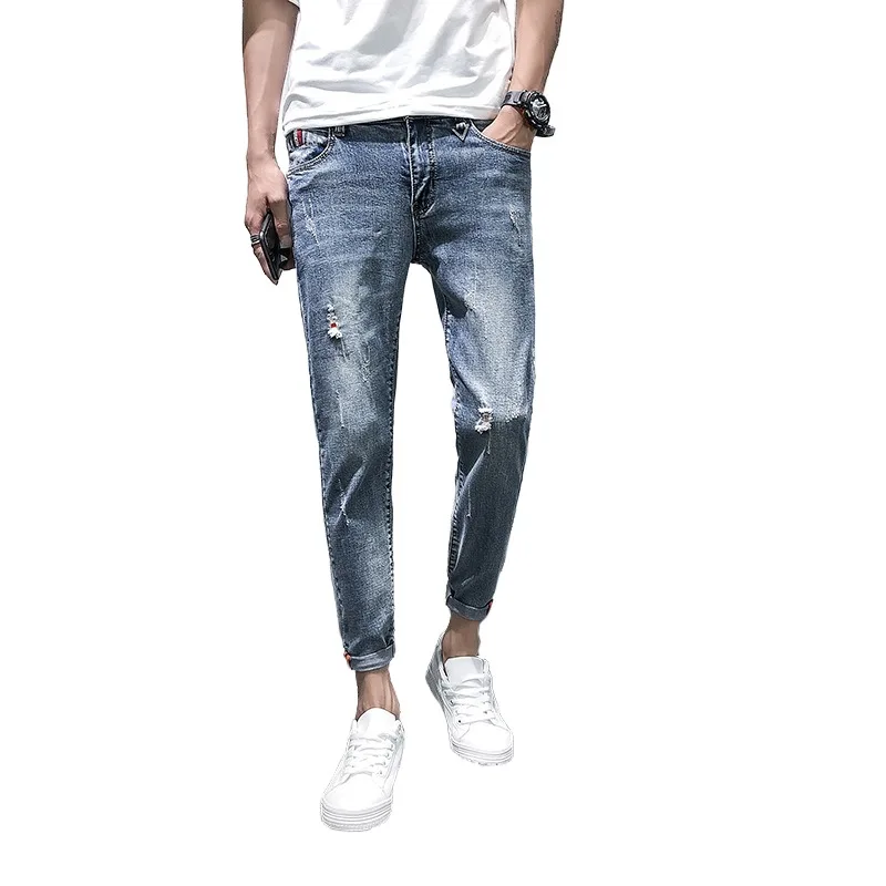 2023 Social and Spiritual Guy, Broken Hole, Beggar Jeans, Male Internet Red, Slim Fit, Casual, Fashion, Small Feet Cropped Pants 4
