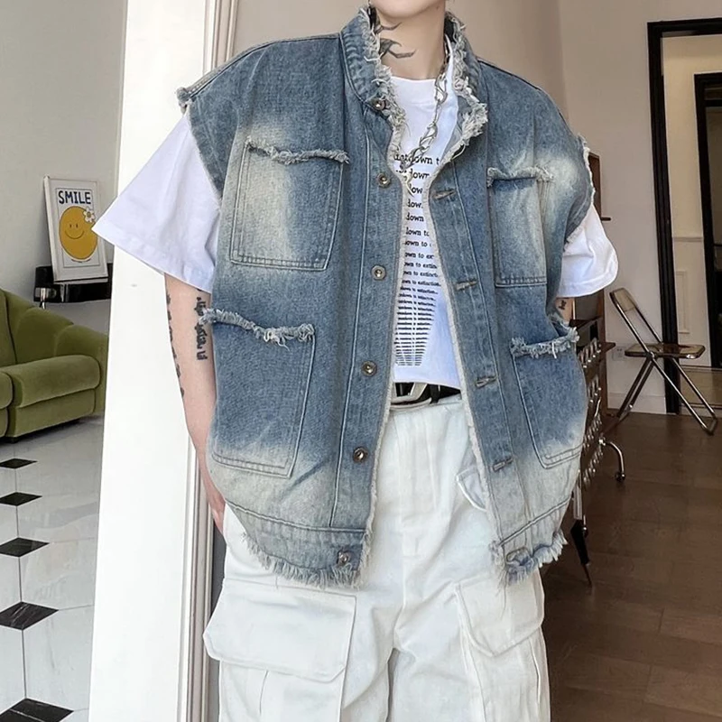2024 Korean version denim vest jacket with men's design feeling, sleeveless and furry edge vest