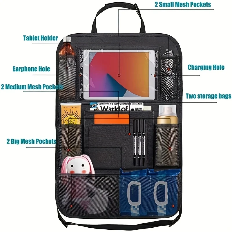 Oxford Fabric Car Seat Back Organizer | Multi-Compartment Mesh Pockets | Storage for Snacks/Toys/Water Bottles