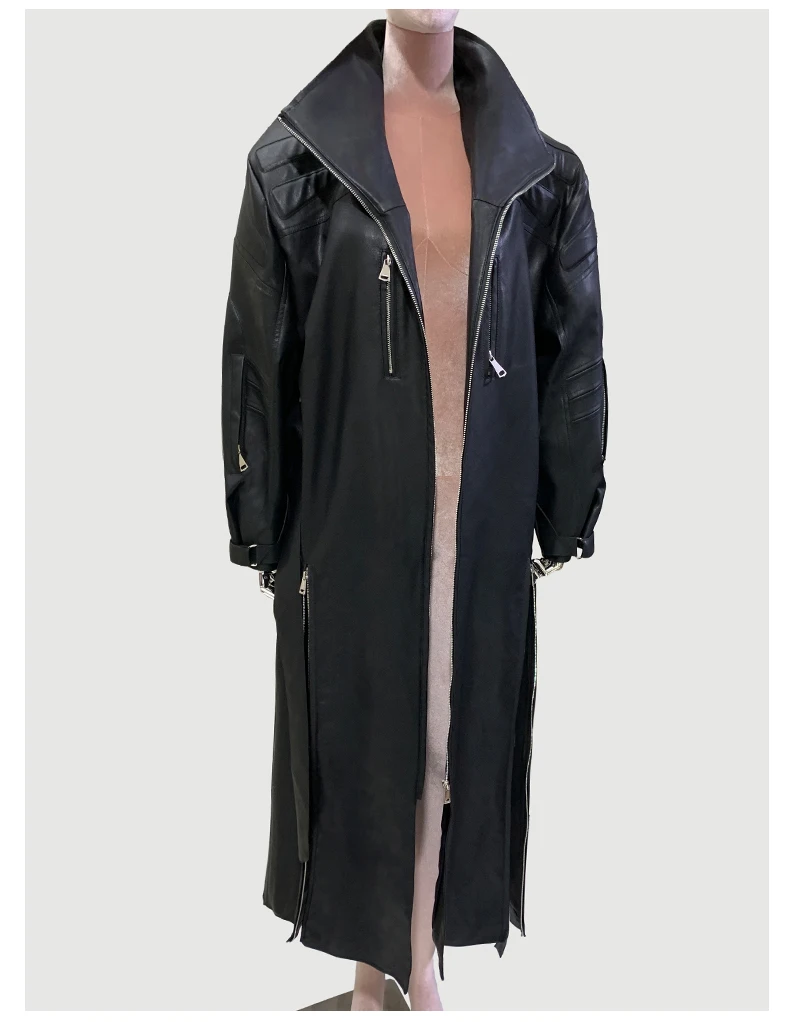 Mauroicardi Spring Autumn Extra Long Cool Black Waterproof Pu Leather Trench Coat for Women Shoulder Pads Zip Up Overcoat 2024