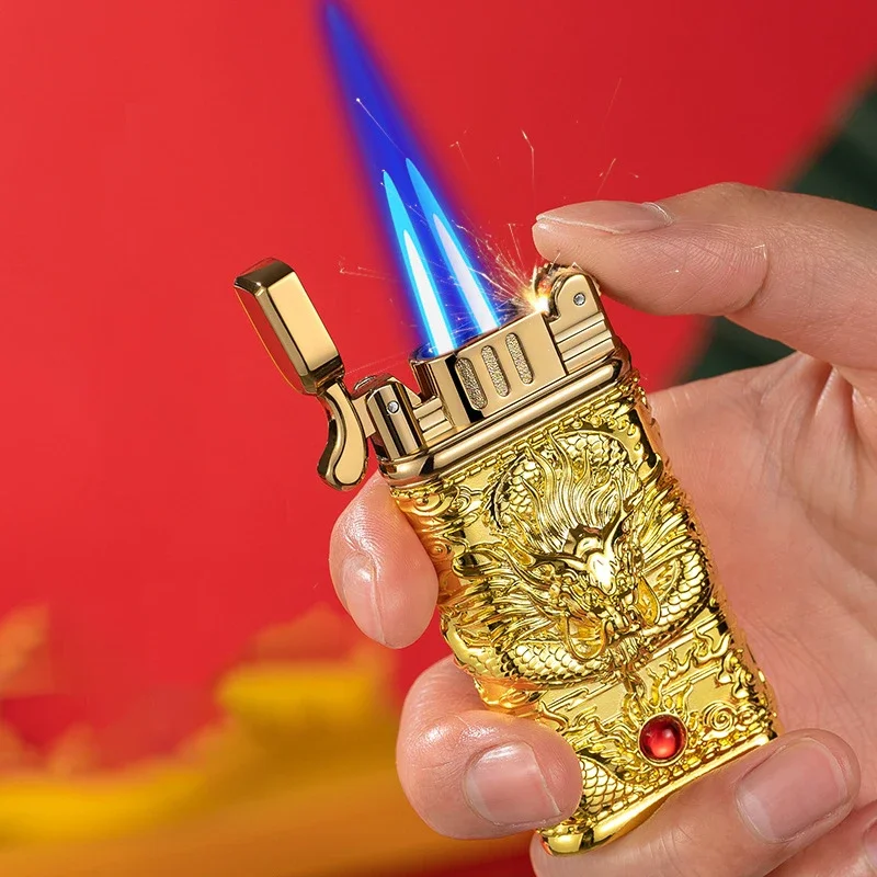 Creative Dragon Embossed Metal Cigar Lighter Grinding Wheel Ignition Gas Lighters Windproof Double Flame Turbo Jet Torch Lighter