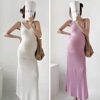 Pregnant Women's Summer French Style V-neck Knitted Camisole Dress  Summer Slim Fit  Inner Layer  Vacation Skirt