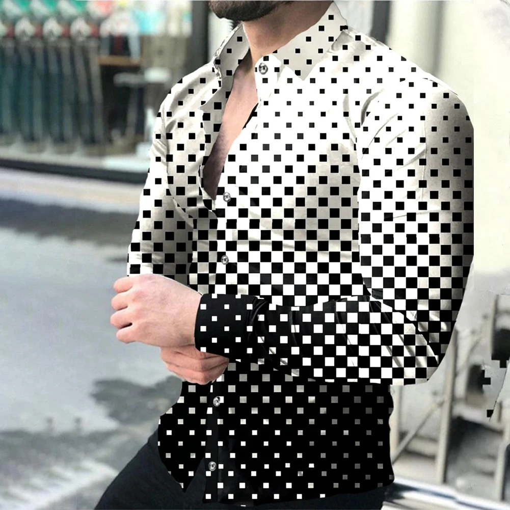 Men's Shirts Simple Color Contrast 3D Printed Branded Casual Button Cardigan Tops Slim Fit Long Sleeve Party Wear Male Clothing