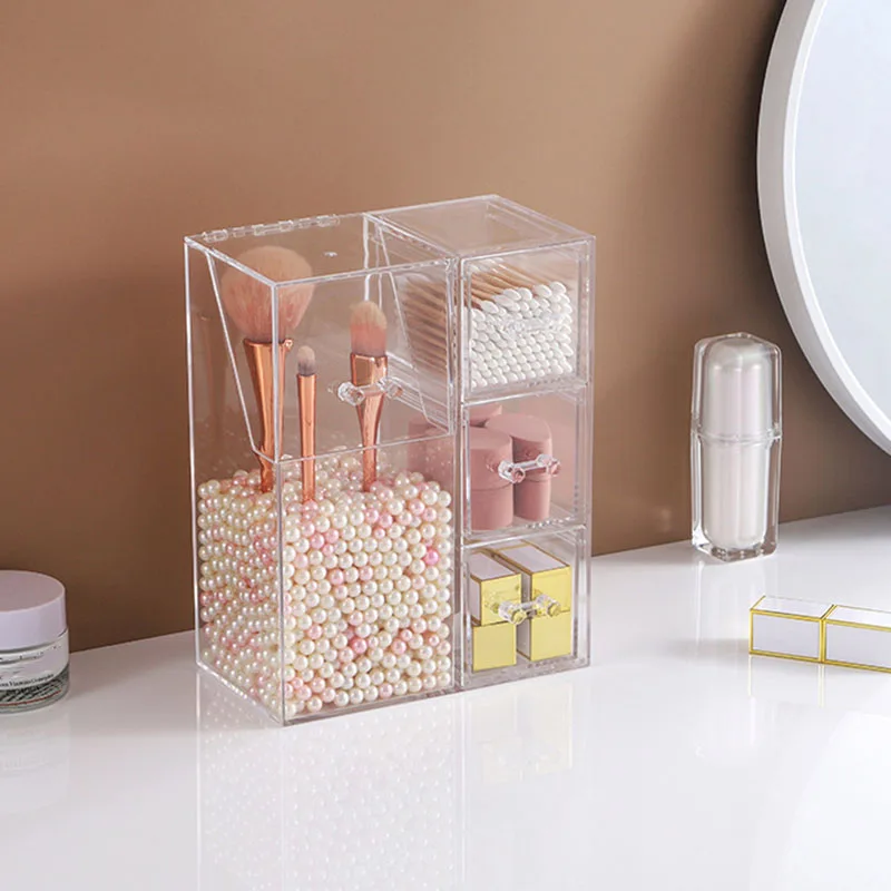 Clear Makeup Brush Organizer, Storage Rack with Drawers, Storage Box with Lid and Pearls for Storing Makeup Tools and Jewelry