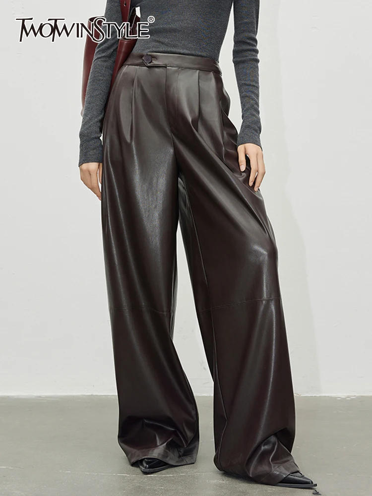

TWOTWINSTYLE Leather Spliced Button Pants For Women High Waist Patchwork Folds Minimalist Casual Wide Leg Pant Female Clothing