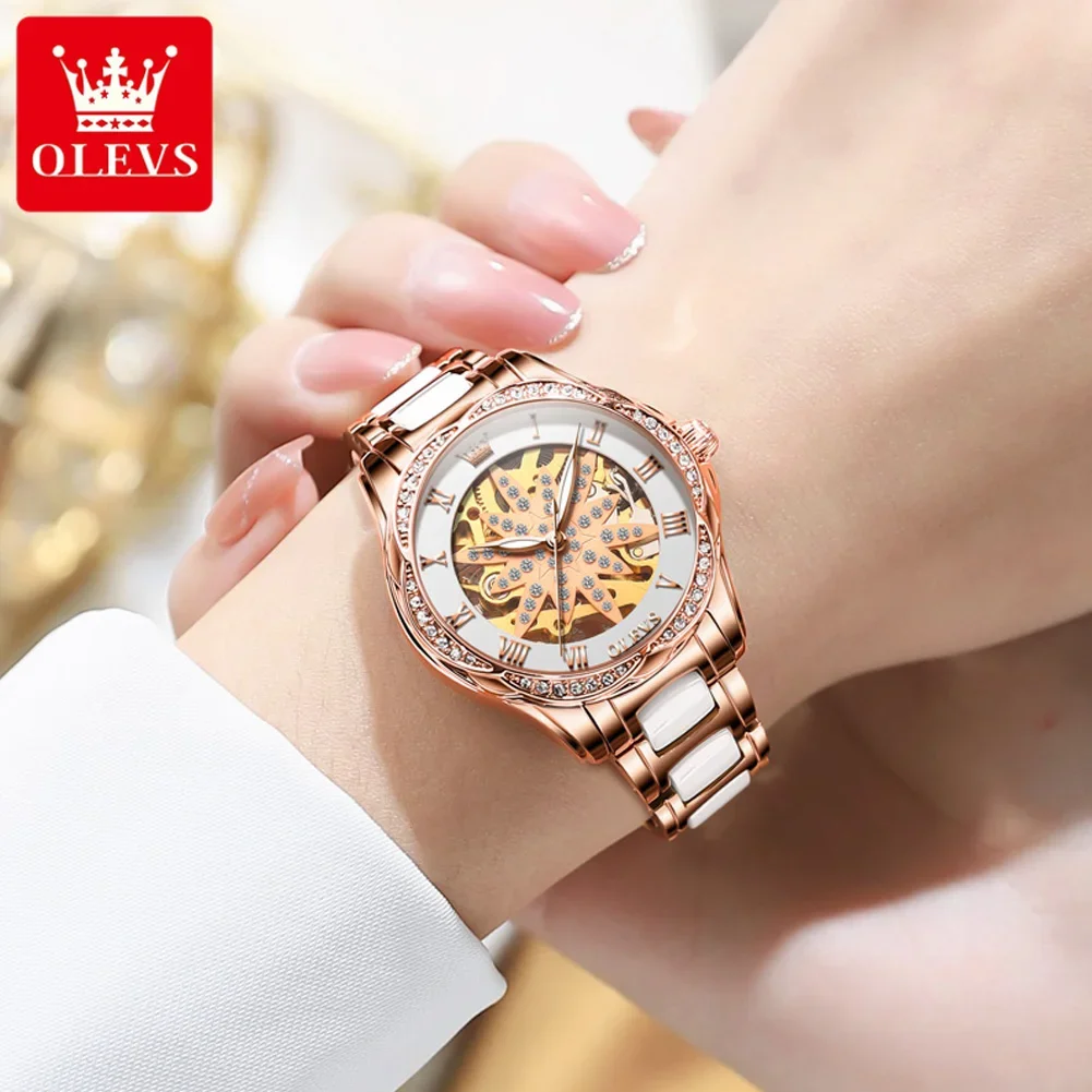 OLEVS Automatic Mechanical Watch for Women Skeleton Diamond Dial Ceramic Strap Waterproof Elegant Women's Wristwatch Reloj Mujer