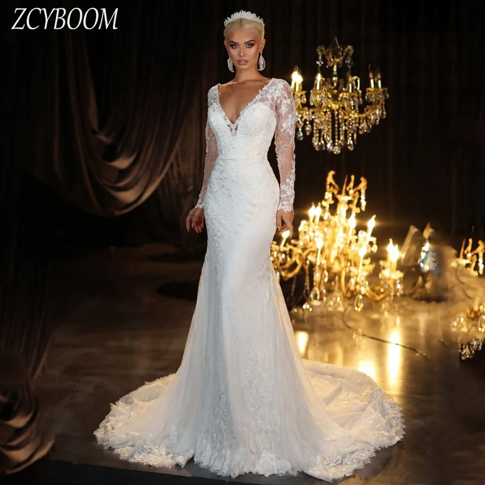 

Elegant V-Neck Sequin Lace Appliques Long Sleeves White Wedding Dress 2024 Mermaid Floor Length Sweep Train Zipper Bridal Gown