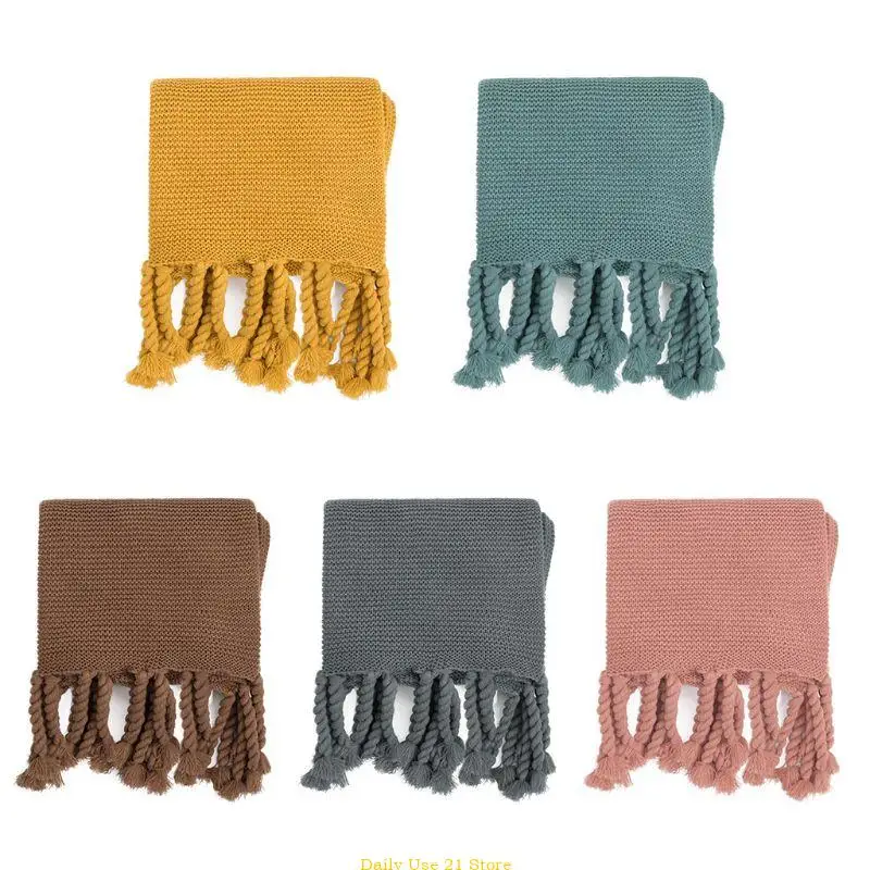 

Acrylic Chunky Knitted Throw Blanket Braided Tassels Solid Color Nap Shawl Cover