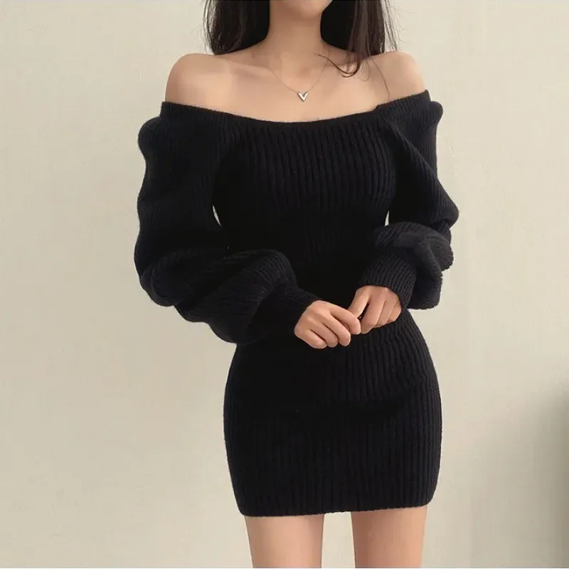 

2024 Korean Style Women Knitted Dresses Autumn Winter Square Collar Long Sleeve Solid Knit Dress Elegant Sexy Mini Dress Платье