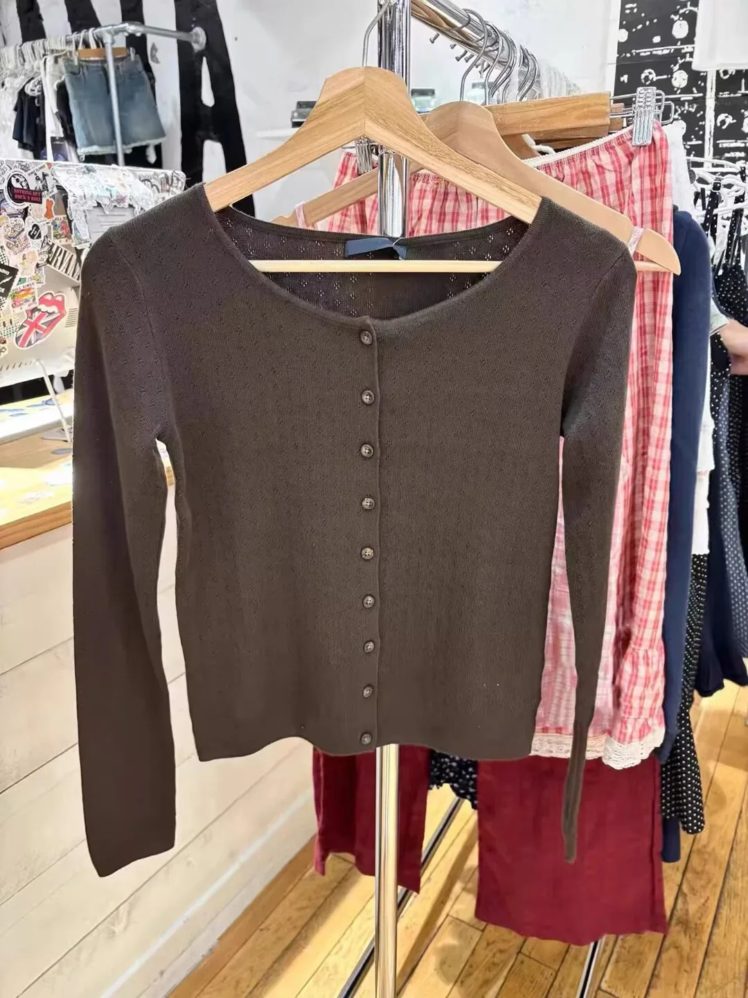 Brown Eyelet Knitted Cardigan Women Autumn New Casual Cotton Long Sleeve Sweater Coat Female Vintage Simple Basic Sweaters Tops 5