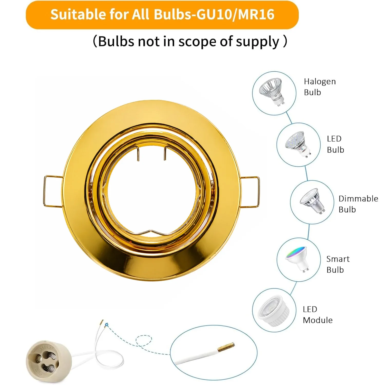 골드 라운드 GU10 MR16 GU5.3 매입형 다운라이트 LED 피팅 천장 스팟 조명 프레임 직경 90mm 컷아웃 70mm 전구 램프 소켓 홀더