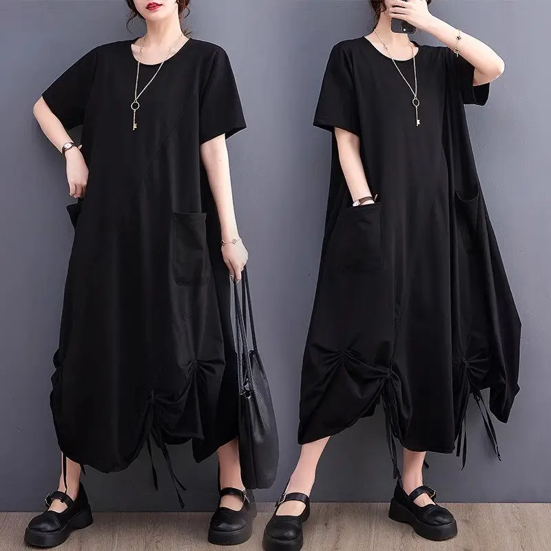 

Large Size Women's Black Tshirt Dress 2023 Summer Loose Design Personalized Casual High Waist Bandage Irregular Dress Z1977