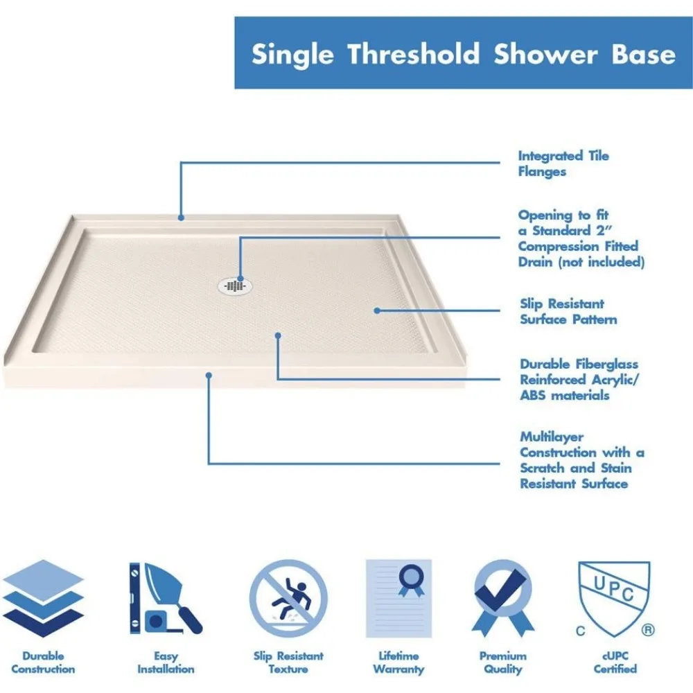 Shower Base, 32 in. D X 48 in. W X 2 3/4 H Center Drain Single Threshold Shower Base