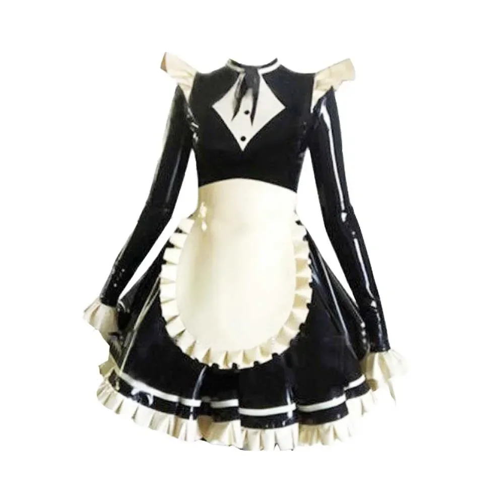 Woman Latex Rubber Skirt Maid Black White Apron Dress Suithalloween party
