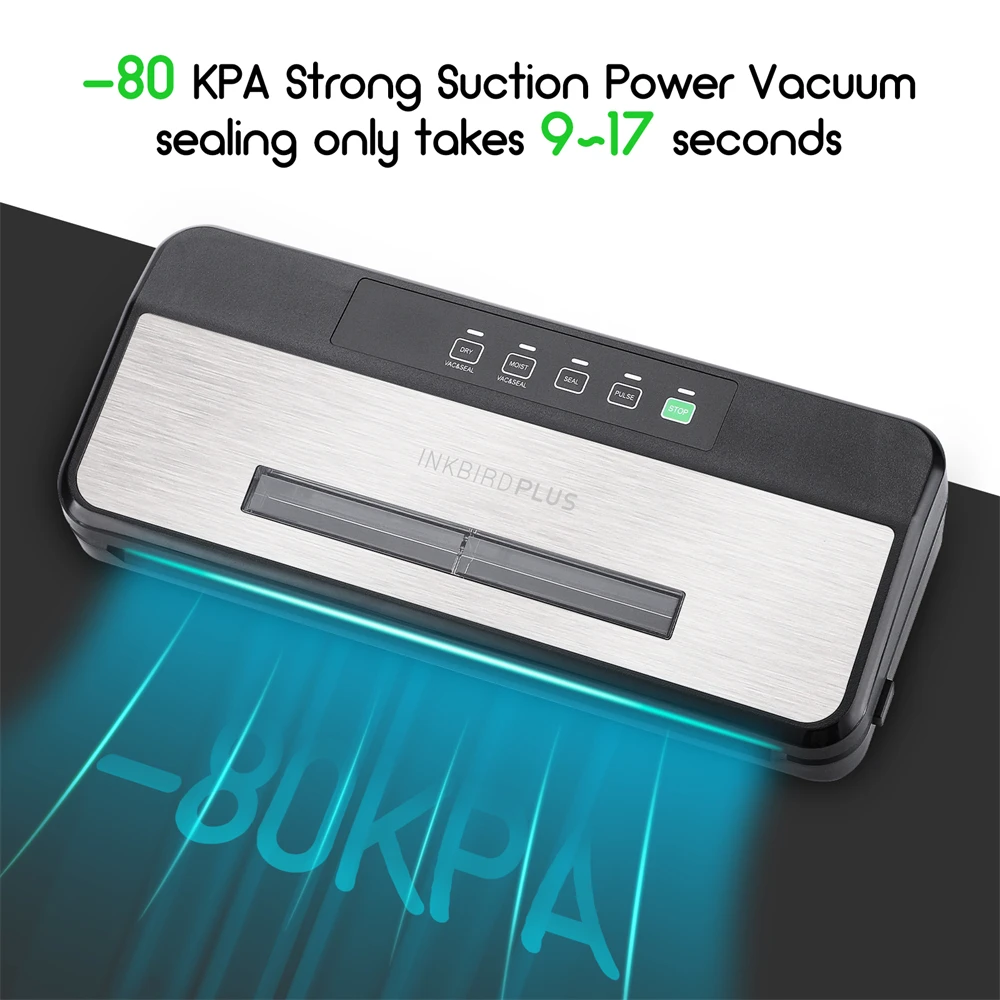 INKBIRDPLUS INK-VS03 식품 진공기 기계, 강력한 흡입 자동 진공기, 식품 저장용 스타터 키트 포함, 80KPA