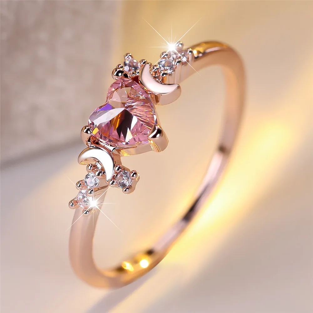 Pink Crystal Heart Stone Ring Female Cute Small Moon Rings For Women Vintage Rose Gold Color Wedding Band Bridal Jewelry