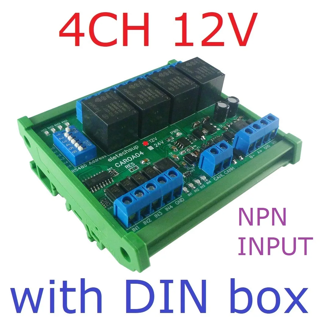 

CAROA04 DC 12V 4CH DI-DO CAN Fieldbus релейный модуль RS485 NPN/PNP цифровой вход CAN контроллер Modbus RTU PLC IO расширяющаяся плата