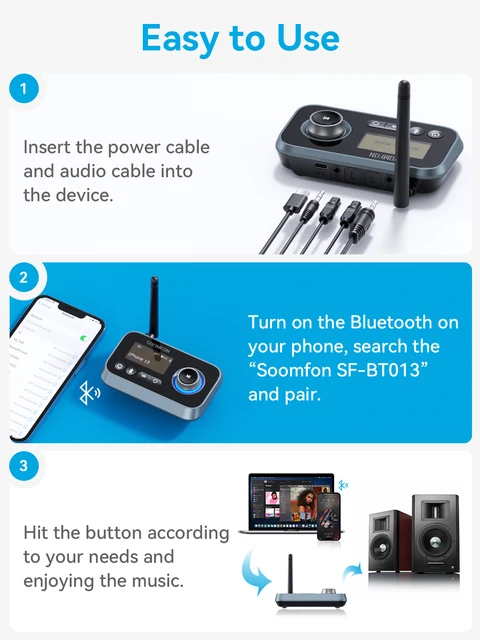 Bluetooth Transmitter Receiver, SOOMFON 3-in-1 Bluetooth 5.0 Audio Adapter  for 2 Headphones with LCD Display Adjustable Volume, Optical AUX RCA Bypass