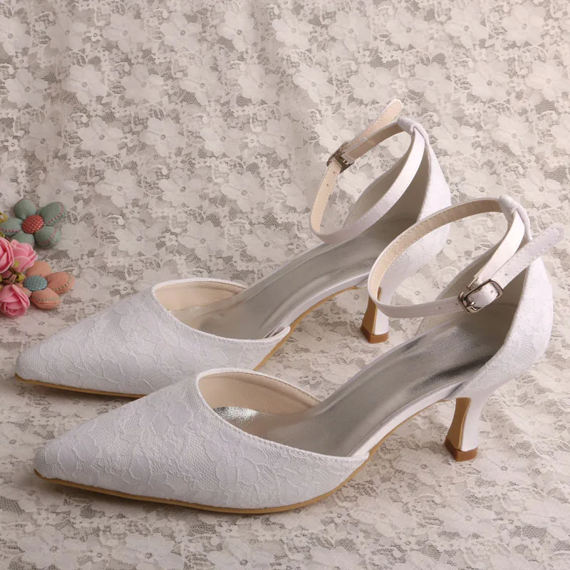 

Wedopus White Lace Bridal Shoes Mid Heel Ankle Strap Women Prom Pumps Pointed Toe