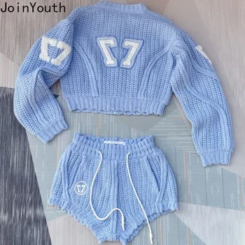 Knitted Clothing 2 Piece Sets Womens Outfits Roupas Femme Zipper Letter Cropped Cardigan High Waist Casual Shorts Suit Y2k Set 1