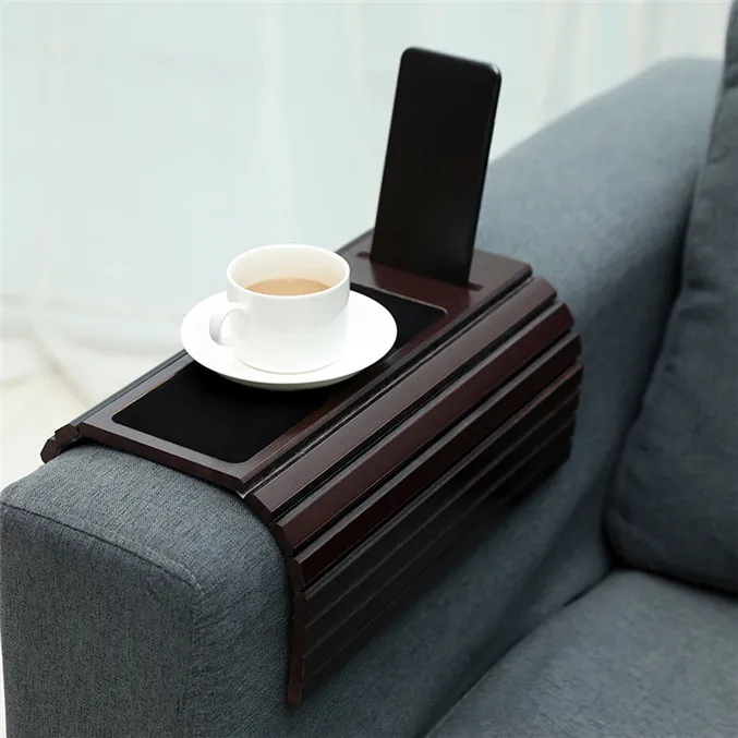 Black Clip-On Couch Arm Tray With Slide-Away Cup Holder - Sofa Side Table For Drinks, IPad, Remote