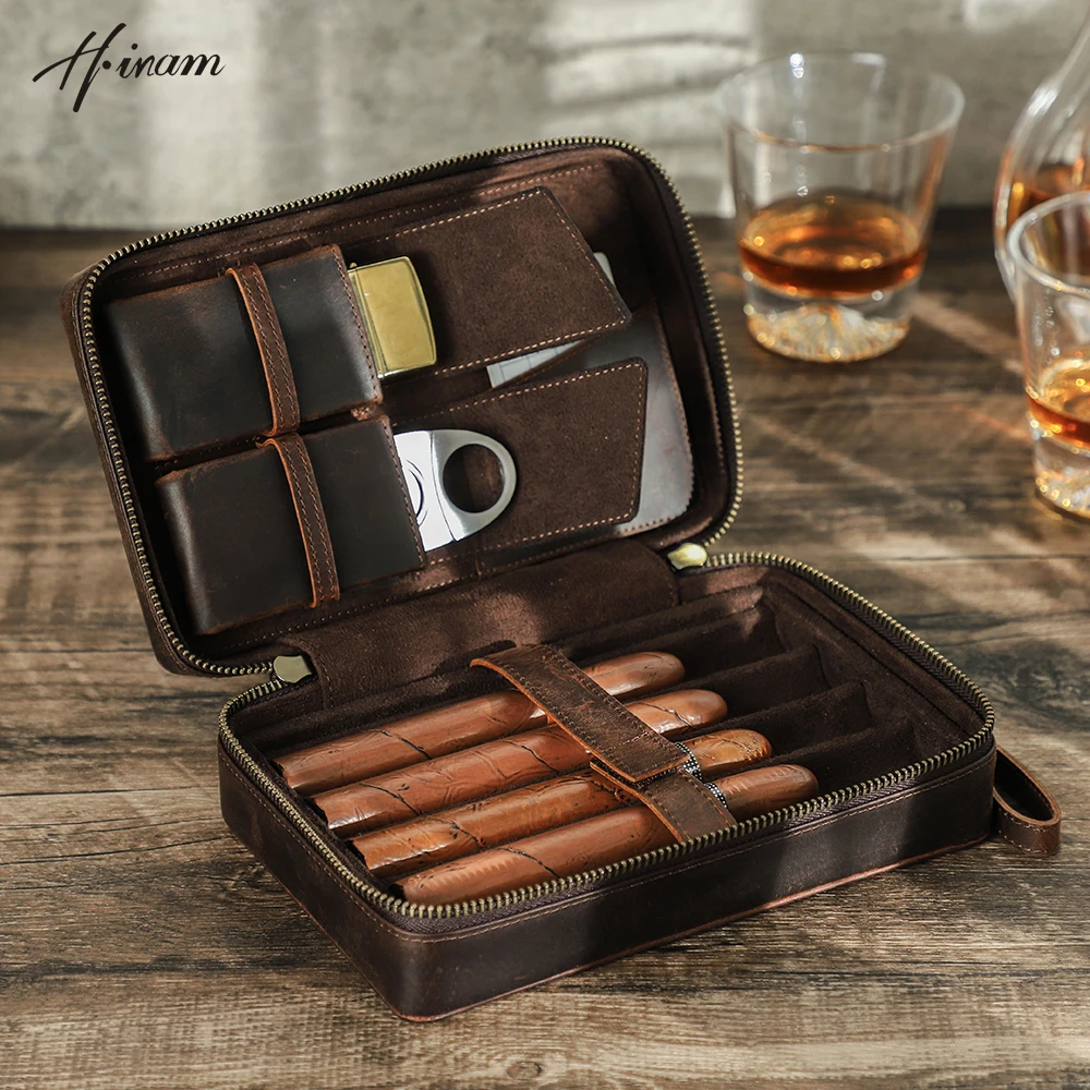 Crazy Horse Leather Cigar Humidor Box Travel Cigars Case With Lighter Cutter Holder Bag Portable Smoking Accessories For COHIBA