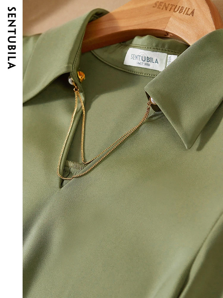 SENTUBILA Elegant Skirt 2 Piece Set Women Autumn Outfits 2023 Fashion Polo Neck Shirt Ruched Slit Satin Skirts Sets 123Z43116