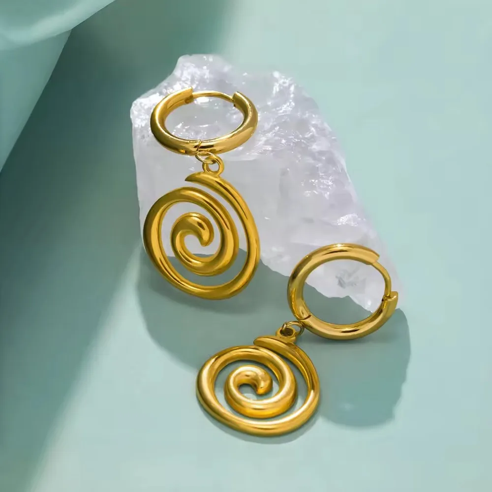 Stainless Steel Twist Spiral Vortex Pendant Earrings for Women Finely Polished 18K Gold Plated Waterproof Hypoallergenic Jewelry