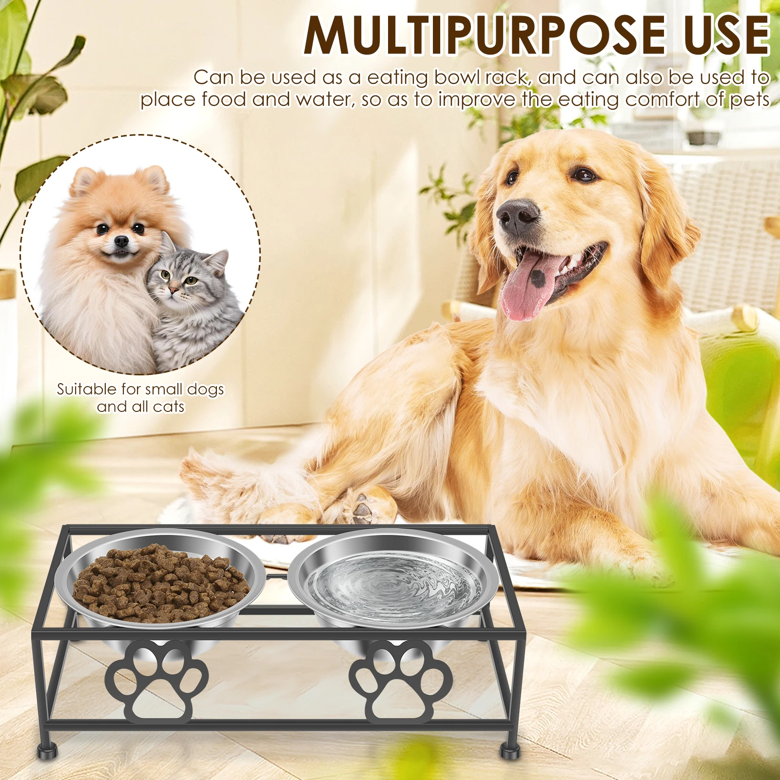 Elevated Pet Feeder Bowl Metal Double Bowl Pet Dish Holder with 2 Stainless Steel Bowl Cat and Dog Water Feeders Pet Supplies