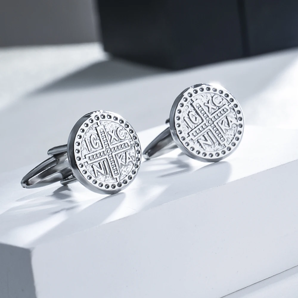 Retro Conqueror‘s Cross Round Cufflinks Stainless Steel Jesus Faith Jewelry Men's Cufflinks for Shirts Groom Wedding Accessories