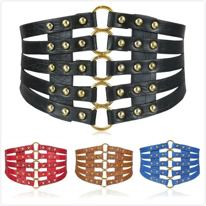 Mode Selbst Krawatte Breite Gürtel Gürtel Elastische Dünne Korsett Body Shaper Schwarz Kunstleder Retro Punk Niet – Detail 1