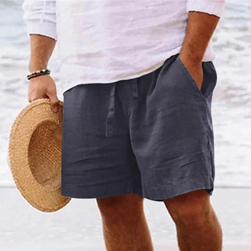 Men's summer cotton and linen shorts with drawstring elastic waist, straight legs, solid color, breathable daily beach capris