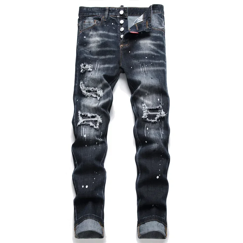 Men's Fashion Ripped Jeans High Quality Brand Dsq2 Men Slim Fit Fashion Small Foot Blue Pants Male Stretch Skinny Jeans 54 men jeans ripped jeans