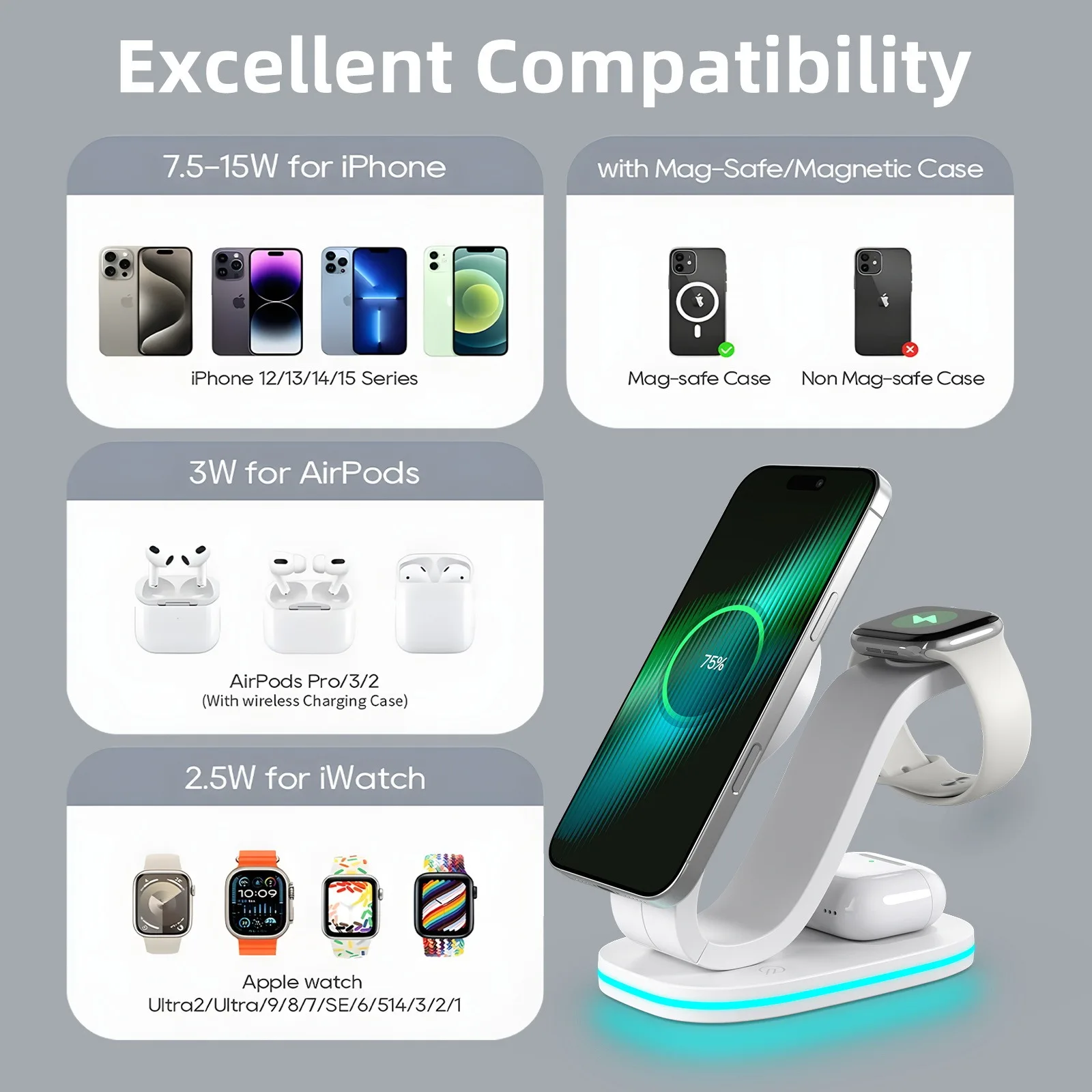 qi 15W 3-in-1 Magnetic Wireless Charger Stand Night Light For iPhone 17~12 Pro Max Apple Watch 11~2 SE Airpods Pro Fast Charging