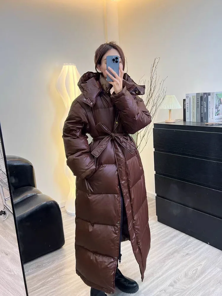 With Belt Women's Winter Down Jacket Long Puffer Coat White Duck Thick Warm Hooded Waterproof Down Jacket With Sashes Outwear 3