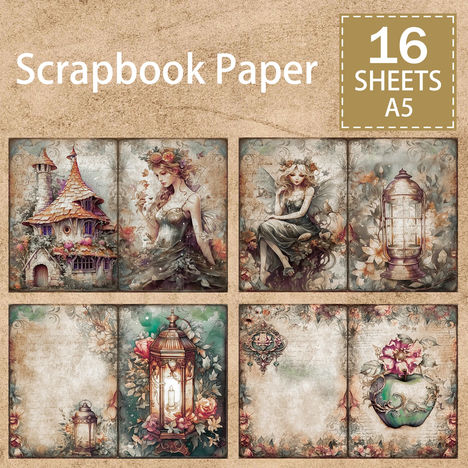 레트로 숲 요정 성 유니콘 배경, 빈티지 그런지 저널, 계획 스크랩북, A5 사이..