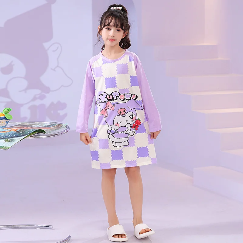 

Spring New Girls Nightgown Cartoon Kuromi Cinnamoroll Cotton Long Sleeve Children's Pajamas Sanrio Pochacco Sleepwear Loungewear