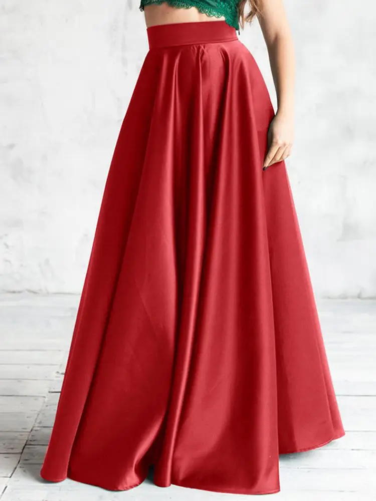 

ZANZEA Summer Zipper Solid OL Jupe Robe Fashion Satin Long Skirt Women High Waist Loose Sundress Holiday Party Retro Faldas Saia