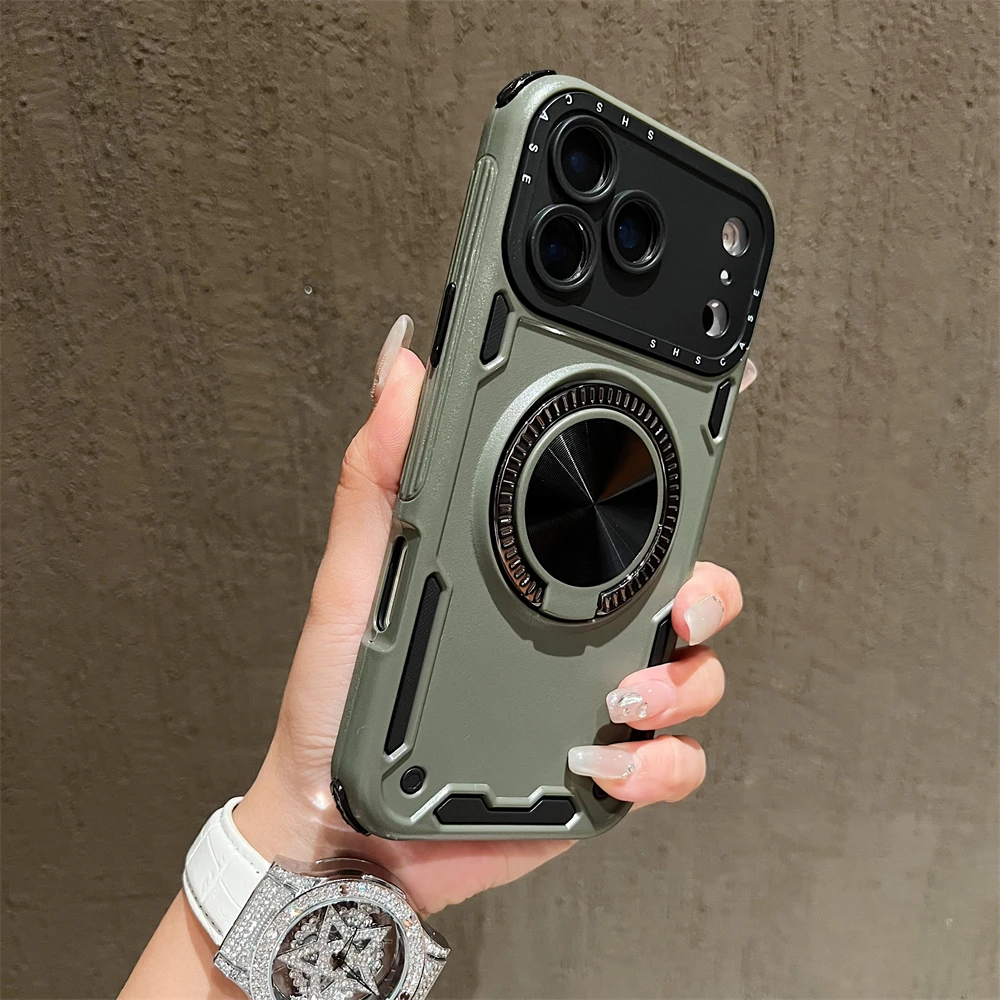 Magnetic Armor Stand Phone Case with Rotatable Kickstand and Matte Finish