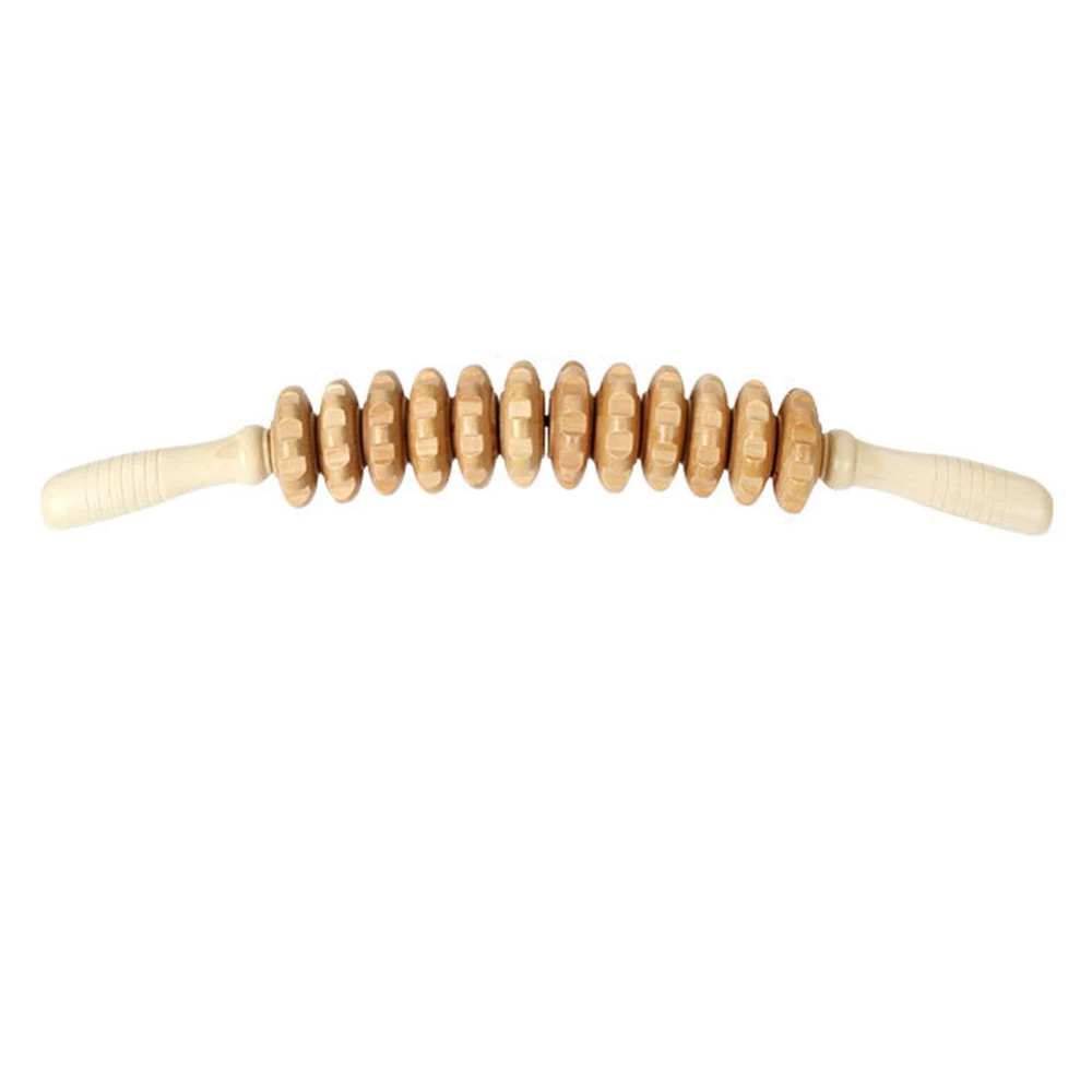 Curved 12-Wheel Wood Therapy Roller Stick for Lymphatic Drainage and Massage