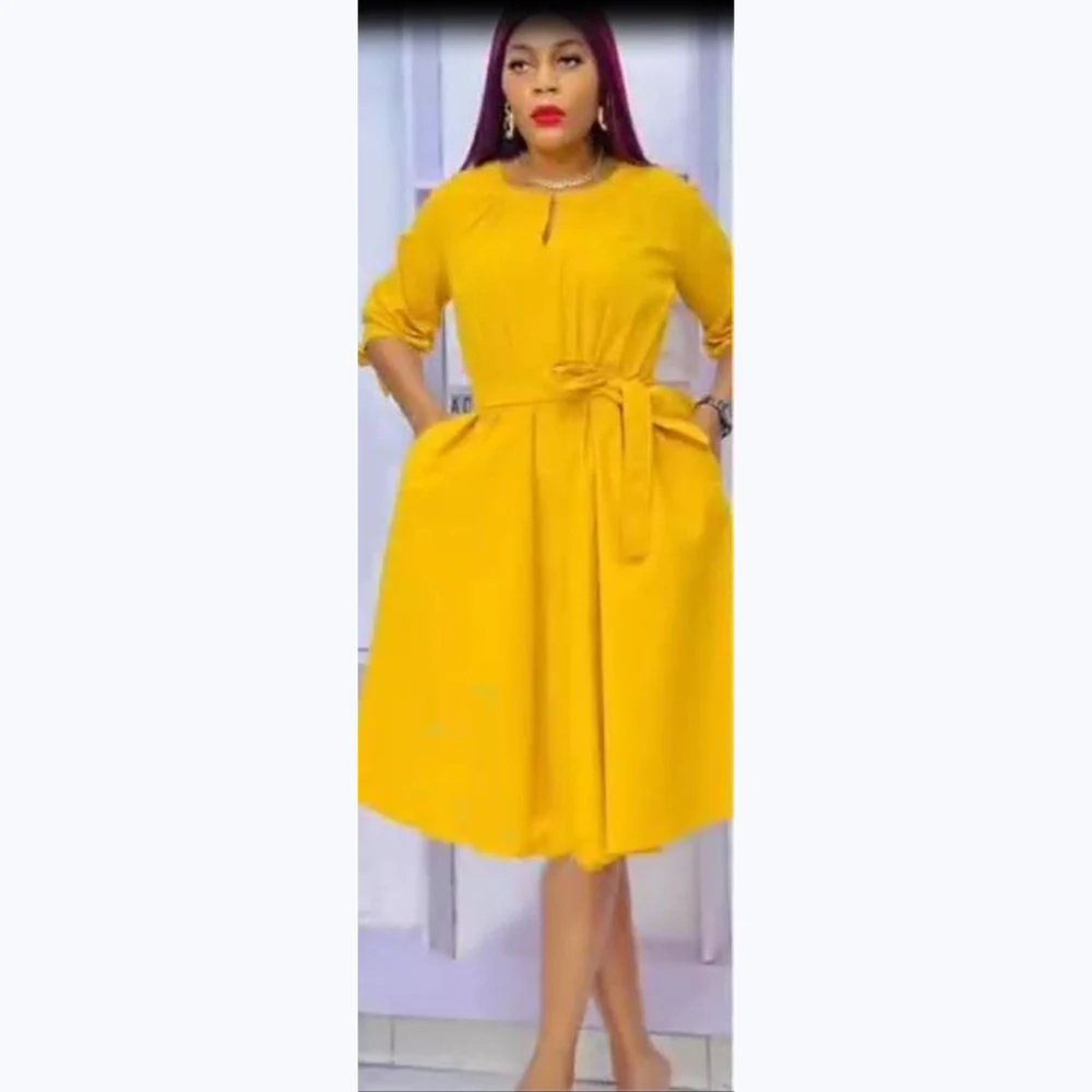 

Solid Color Autumn Dresses For Women O-collar Half Sleeve Vestidos 2022 New Ladies Knee Length Big Swing Dress African Female